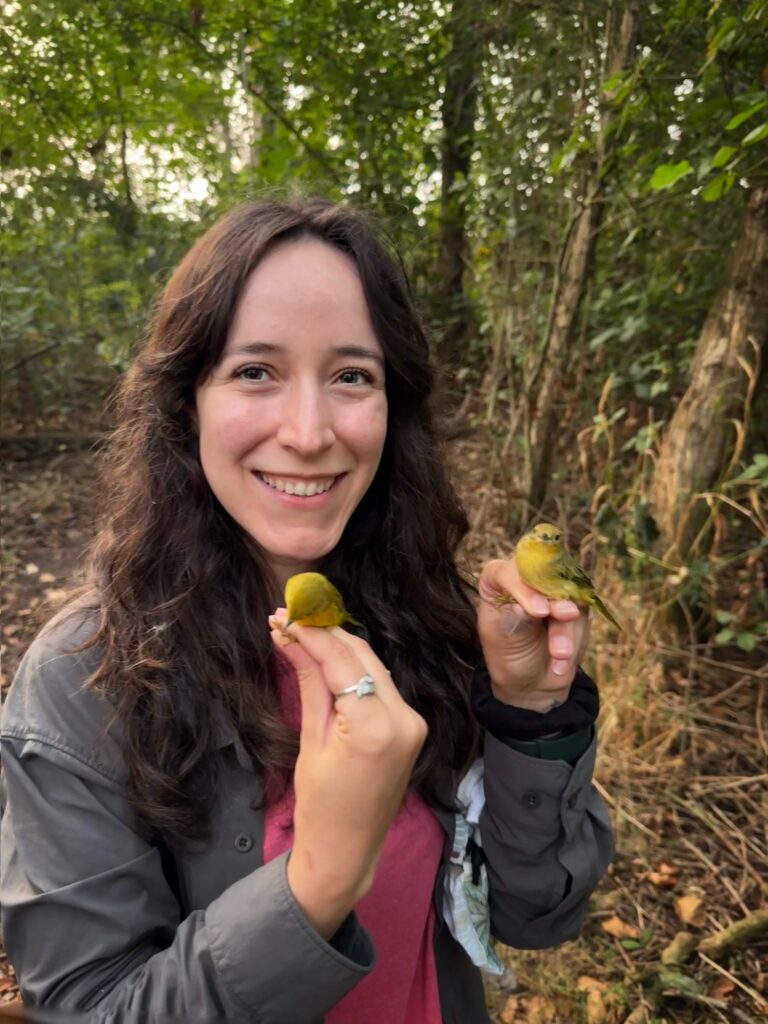 Paula smiling while holding two Yellow Warblers with the forest in the background.