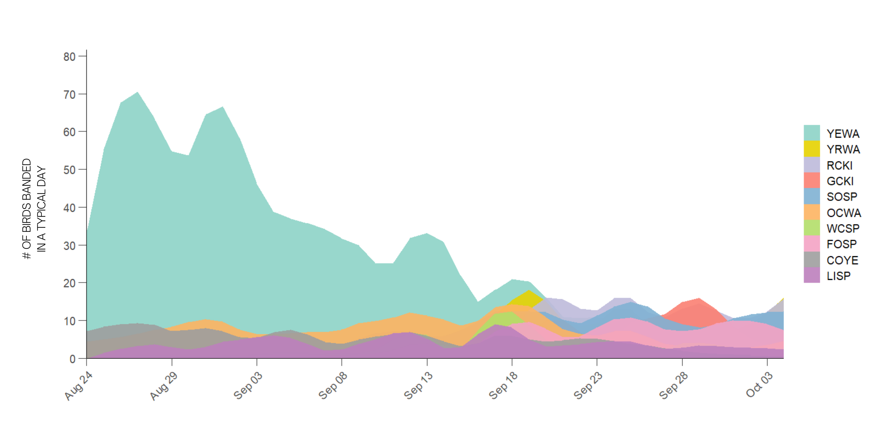 Migration waves for the top 10 most banded birds in fall at the IIBO.